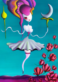 Acrylique surtoile, femme cheveux roses et fond bleu