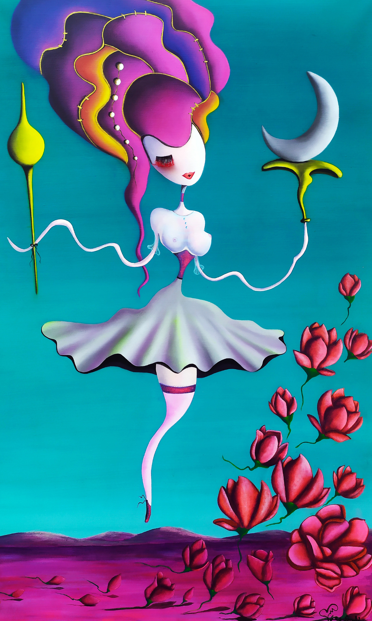 Acrylique surtoile, femme cheveux roses et fond bleu